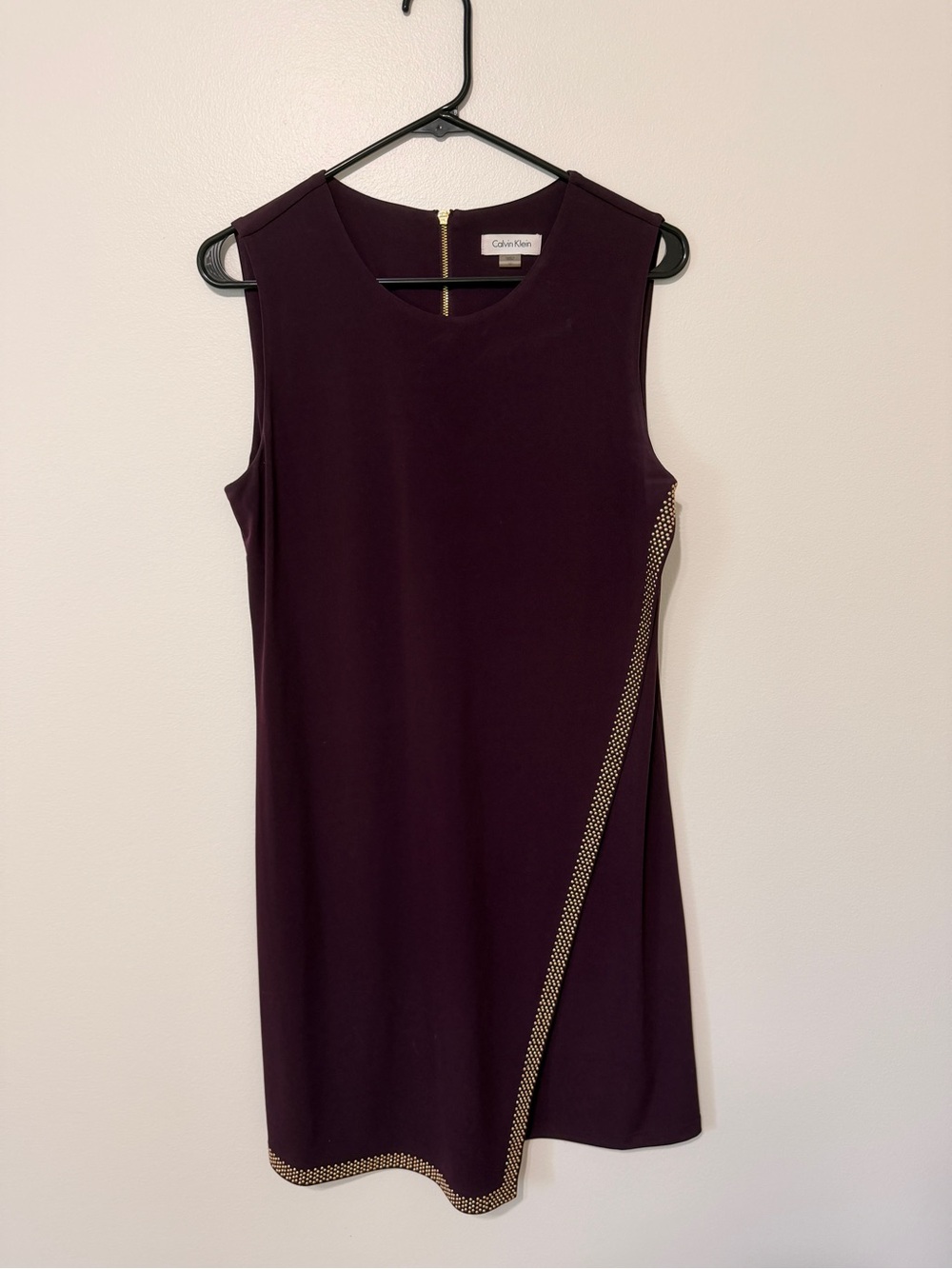 Calvin Klein Deep Plum Sleeveless Sheath Dress with Gold Accent